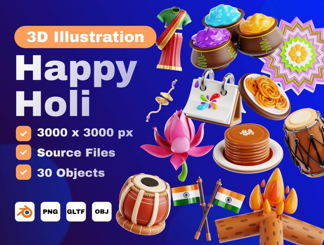 30款卡通创意印度洒红节主题3D插图图标Icons设计素材 Happy Holi 3D Icon Set_img_3