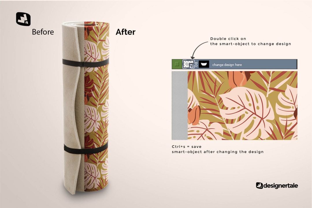 时尚逼真锻炼健身防震瑜伽垫设计展示效果图PSD样机模板 Rolled Up Yoga Mat Set Mockup_img_3