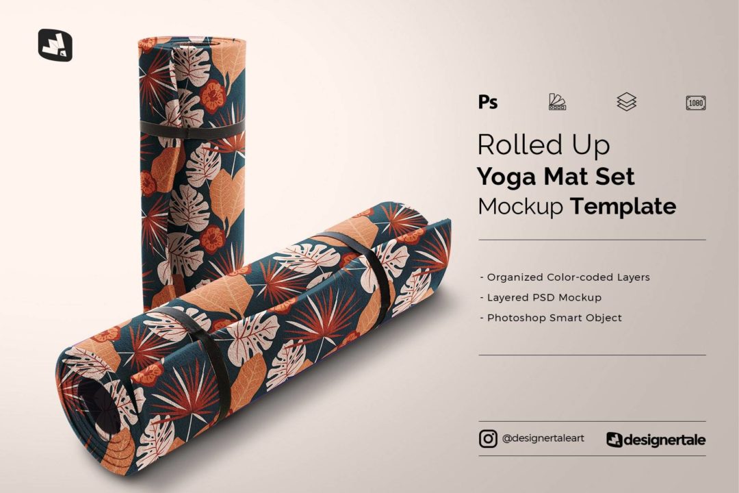 时尚逼真锻炼健身防震瑜伽垫设计展示效果图PSD样机模板 Rolled Up Yoga Mat Set Mockup_img_3