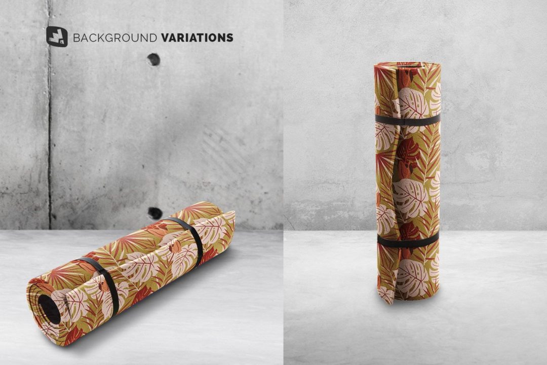 时尚逼真锻炼健身防震瑜伽垫设计展示效果图PSD样机模板 Rolled Up Yoga Mat Set Mockup - —