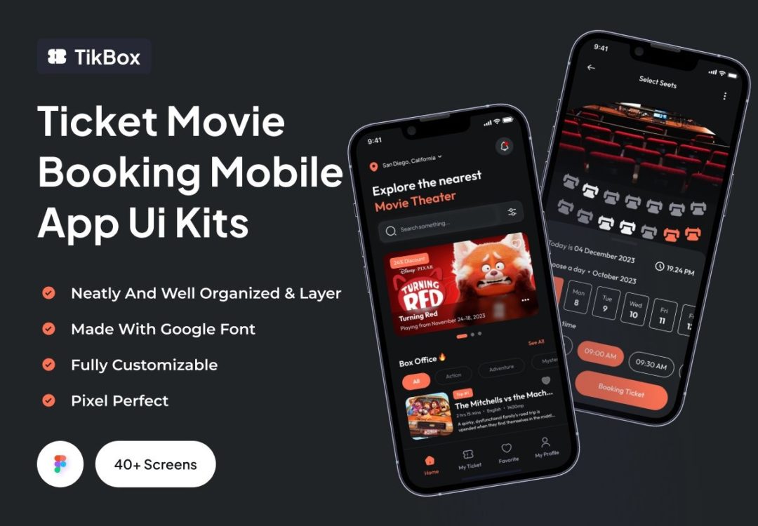 40+屏高级影院电影票务预定在线购买应用程序APP界面设计Figma模板套件 TikBox - Ticket Movie Booking Mobile App Ui Kits_img_3