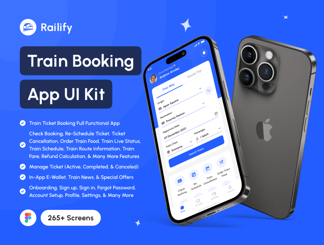 265+屏时尚火车票车票机票票务在线预定购买APP应用程序用户界面设计Figma模板套件 Railify - Train Booking App UI Kit_img_3