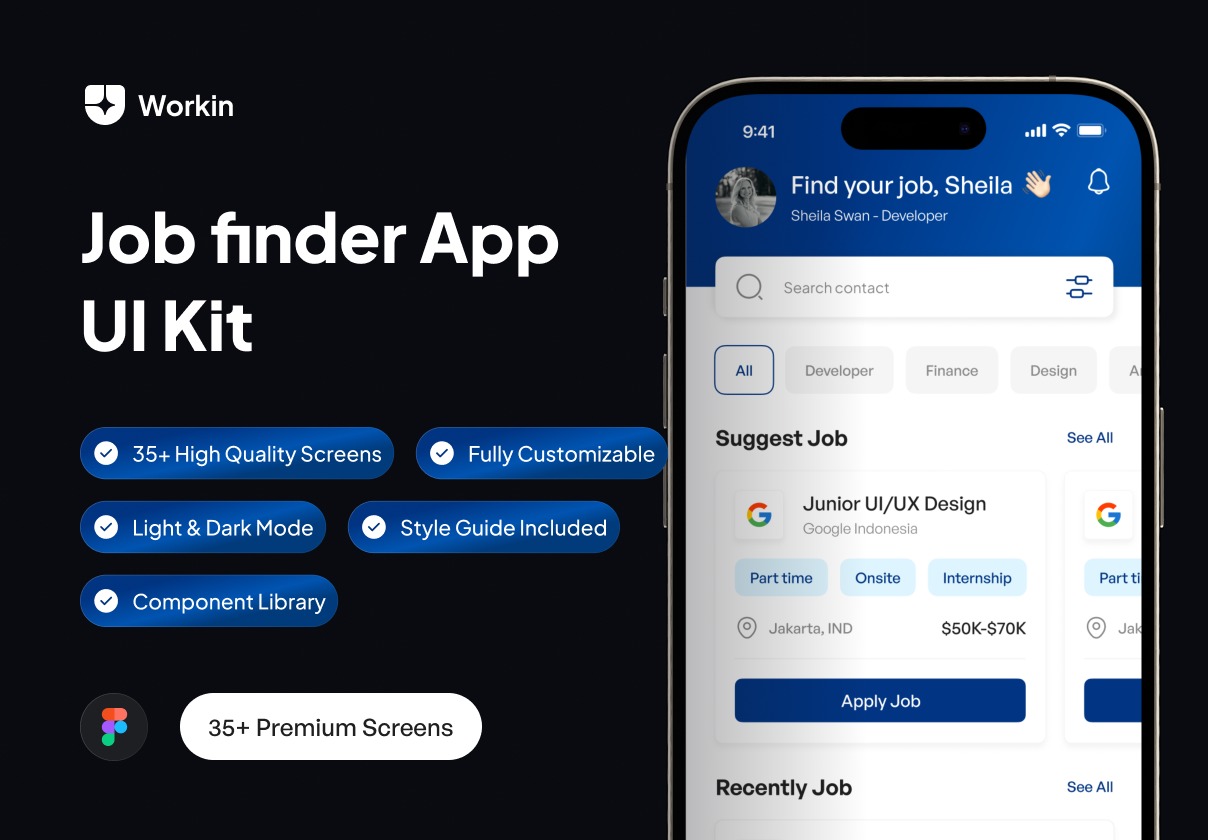 35+屏在线找工作求职应聘软件APP界面设计Figma模板套件 Workin - Job finder App UI Kit_img_2