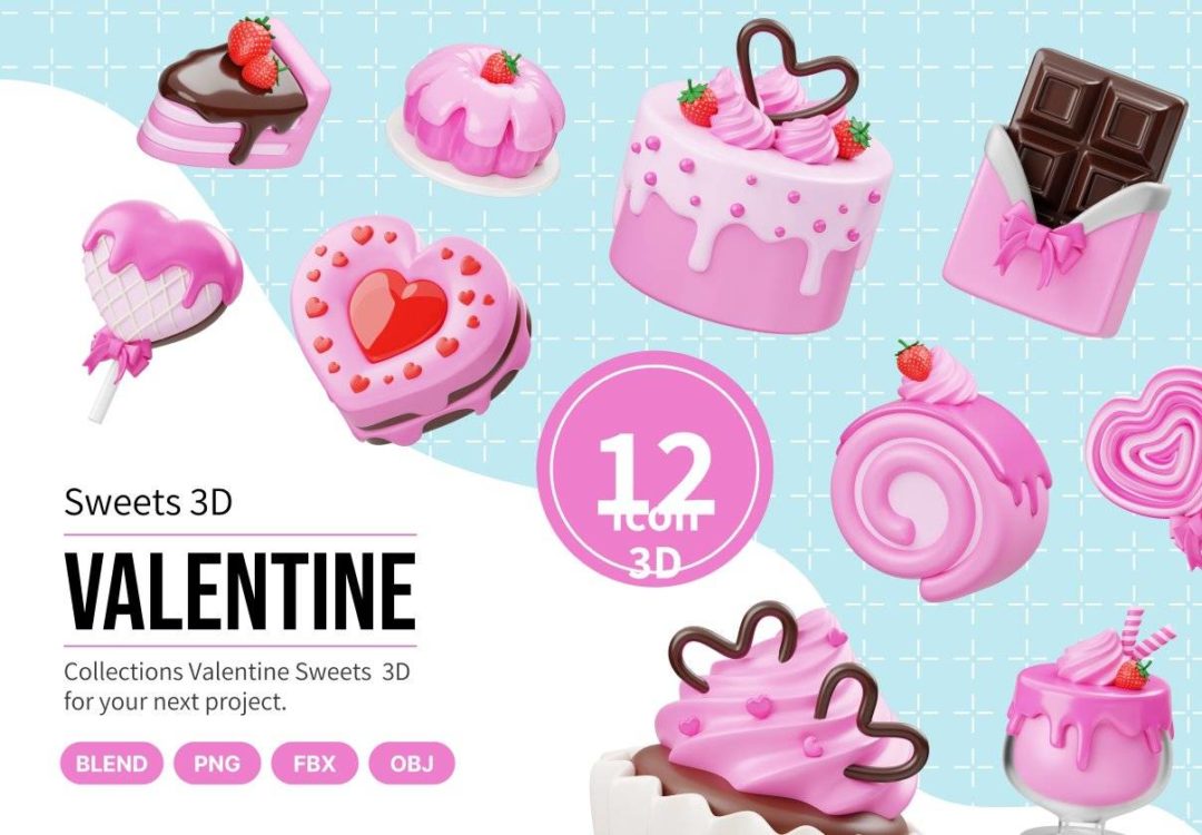 12款高级情人节爱情爱心糕点3D插图图标Icons设计素材 Valentine Sweet Food 3D Icon_img_3