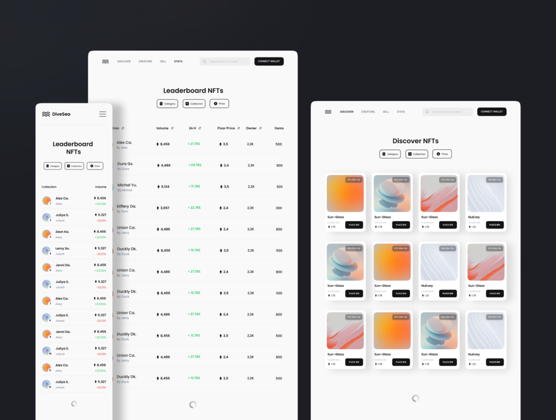 30+优质NFT虚拟物品交易平台登陆页面设计Figma模板套件 DiveSea - NFT Market Landing Page UI KIT_img_3