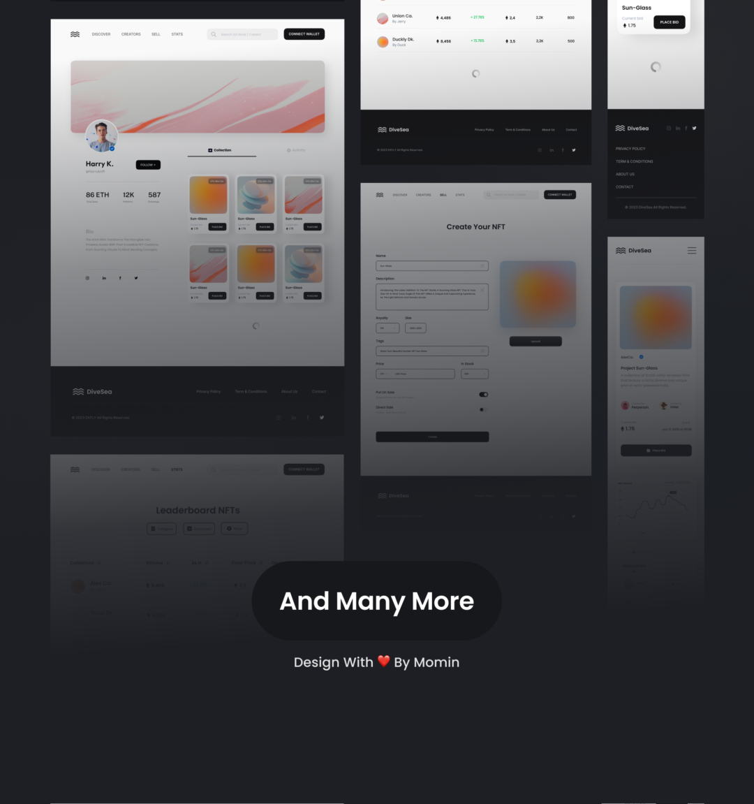 30+优质NFT虚拟物品交易平台登陆页面设计Figma模板套件 DiveSea - NFT Market Landing Page UI KIT_img_3
