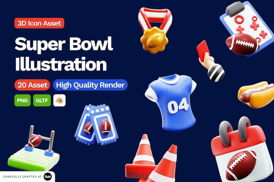 20款卡通美国橄榄球超级碗赛事3D插图图标Icons设计素材包 3D Super Bowl Illustration_img_3