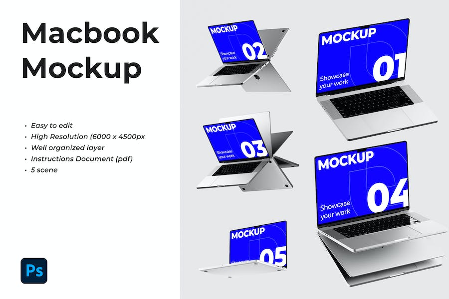 5款时尚苹果笔记本电脑MacBook Pro屏幕演示贴图样机PSD模版 Macbook Pro Mockup_img_3