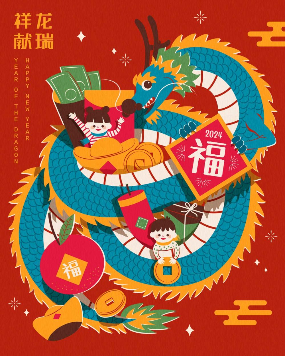 2024中国农历春节龙年新年海报插画AI矢量设计素材 Dragon and children cny poster_img_2