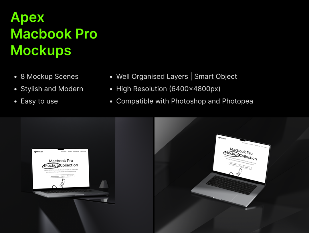 8款暗黑工业风苹果笔记本MacBook Pro屏幕展示贴图PSD效果图样机模板 Apex Macbook Pro Mockups_img_3