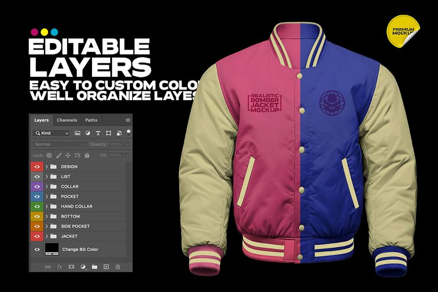 逼真男士夹克衫外套服装上衣印花图案设计效果图PSD样机模板 Realistic Bomber Jacket Mockup Vol. 02 - —