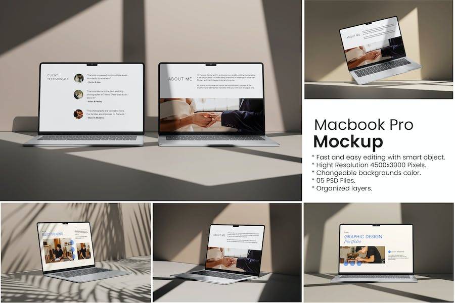 5款时尚光影苹果MacBook Pro笔记本电脑屏幕演示效果图PSD样机模板 Macbook Mockup_img_3