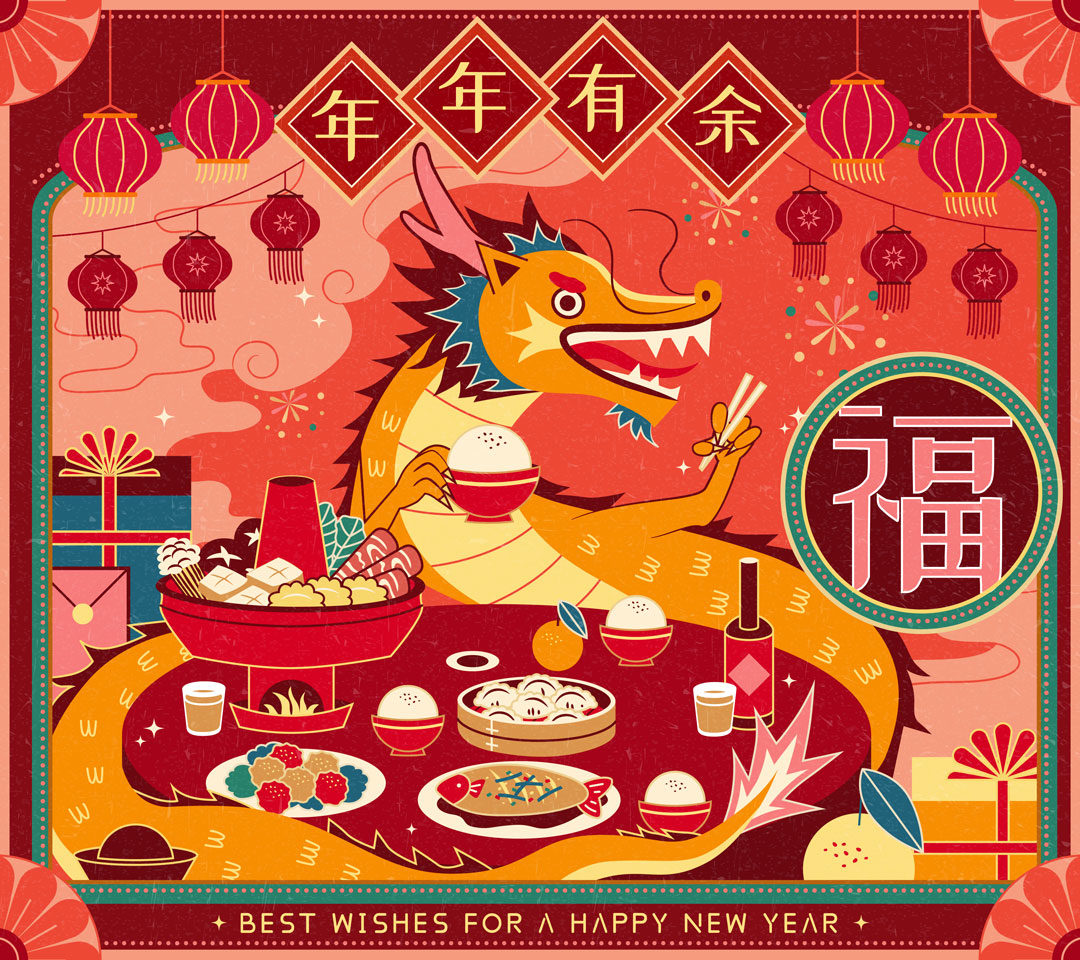 2024中国农历龙年春节新年年夜饭海报插画AI矢量图 Festive CNY Dinner poster_img_3