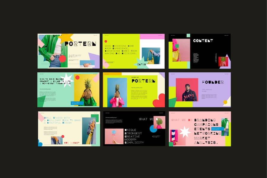 时尚炫彩品牌摄影作品集图文排版设计ppt模版 PORTERN Presentation Powerpoint - —