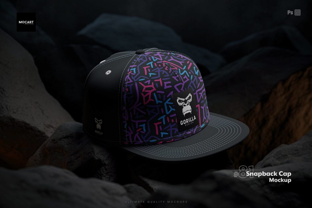 潮流嘻哈棒球帽平檐帽子LOGO印花图案设计展示效果图PSD样机模板 Snapback Cap Mockup Set v.5_img_3