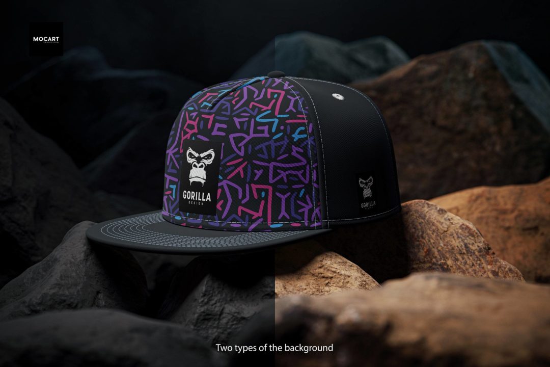 潮流嘻哈棒球帽平檐帽子LOGO印花图案设计展示效果图PSD样机模板 Snapback Cap Mockup Set v.5_img_3