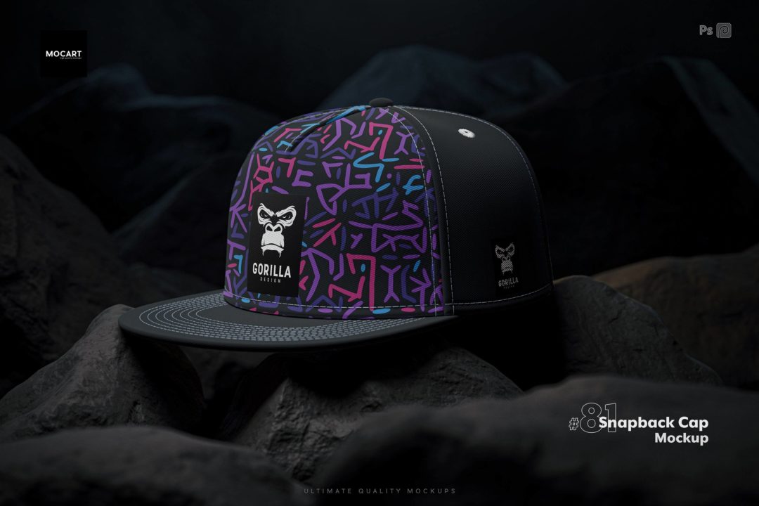 潮流嘻哈棒球帽平檐帽子LOGO印花图案设计展示效果图PSD样机模板 Snapback Cap Mockup Set v.5_img_3