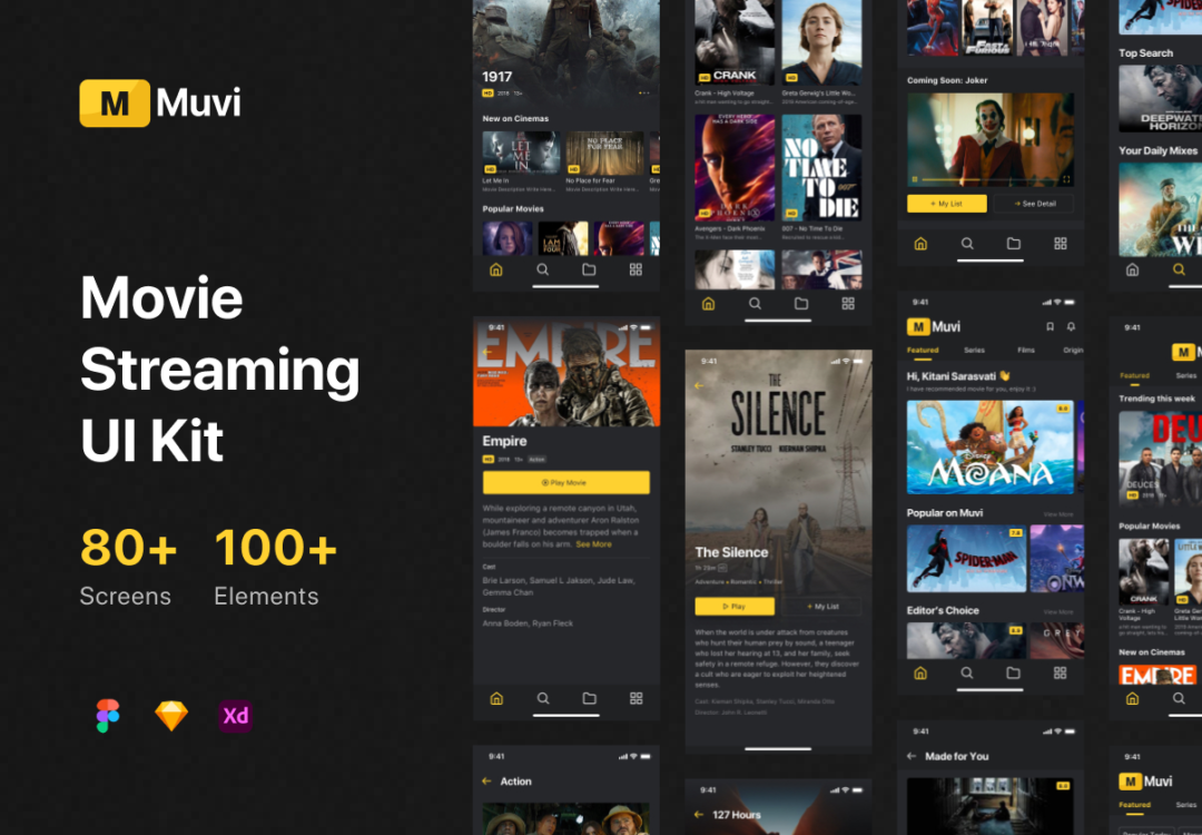 80+屏移动电影电视剧在线播放APP软件界面设计模板UI套件素材 Muvi - Movie Streaming UI Kit_img_3