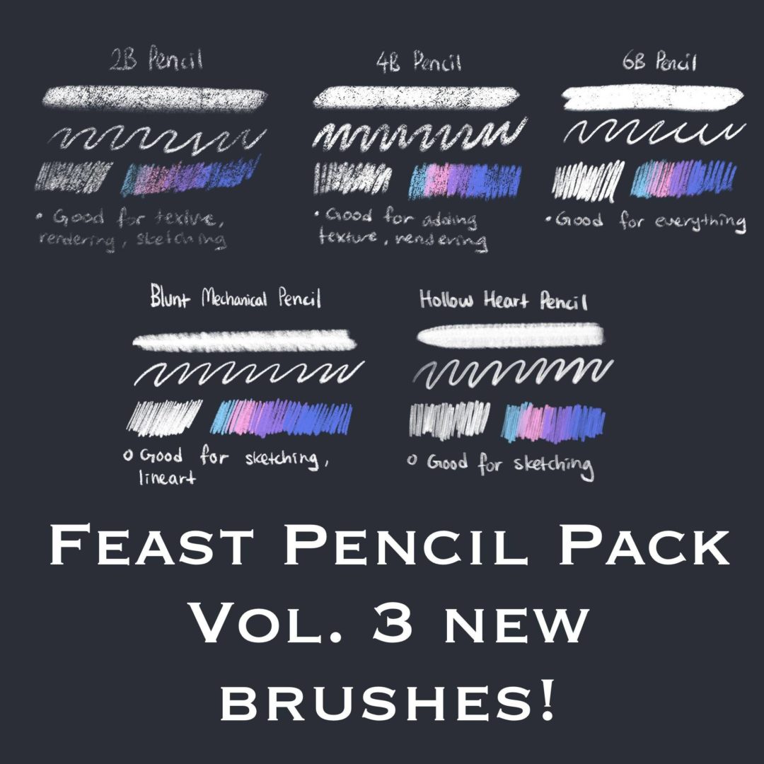 20款铅笔蜡笔毛笔动漫艺术绘画效果Ipad Procreate笔刷素材 Feast’s Pencil Pack for Procreate Vol. 3 - —