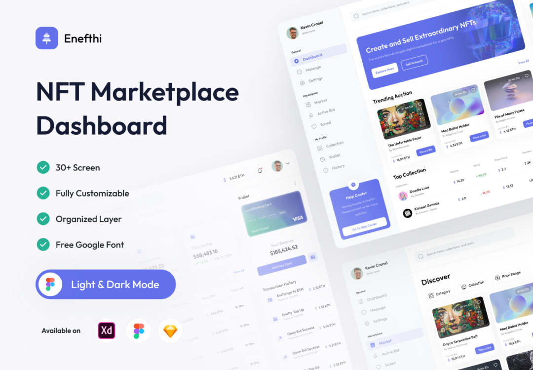 30+屏高品质NFT虚拟物品在线交易平台仪表盘界面设计模板UI套件 Enefthi - NFT Marketplace Dashboard_img_3