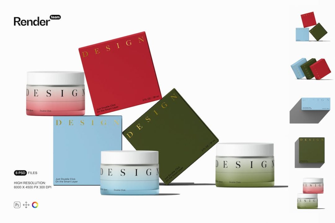 6款时尚化妆品面霜包装罐纸盒设计展示效果图PSD样机模板 Paper Box and Cosmetic Jar Mockups - —