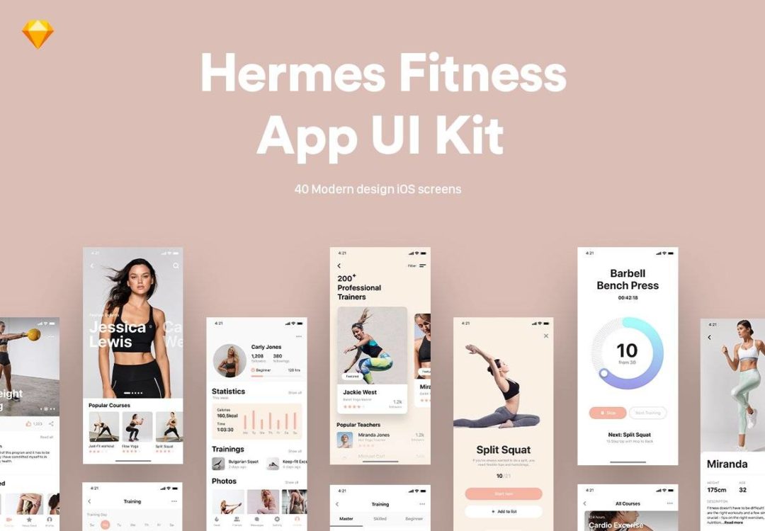 40屏体育锻炼健身数据统计APP界面设计Sketch模板套件 Hermes Fitness Mobile App UI Kit_img_3