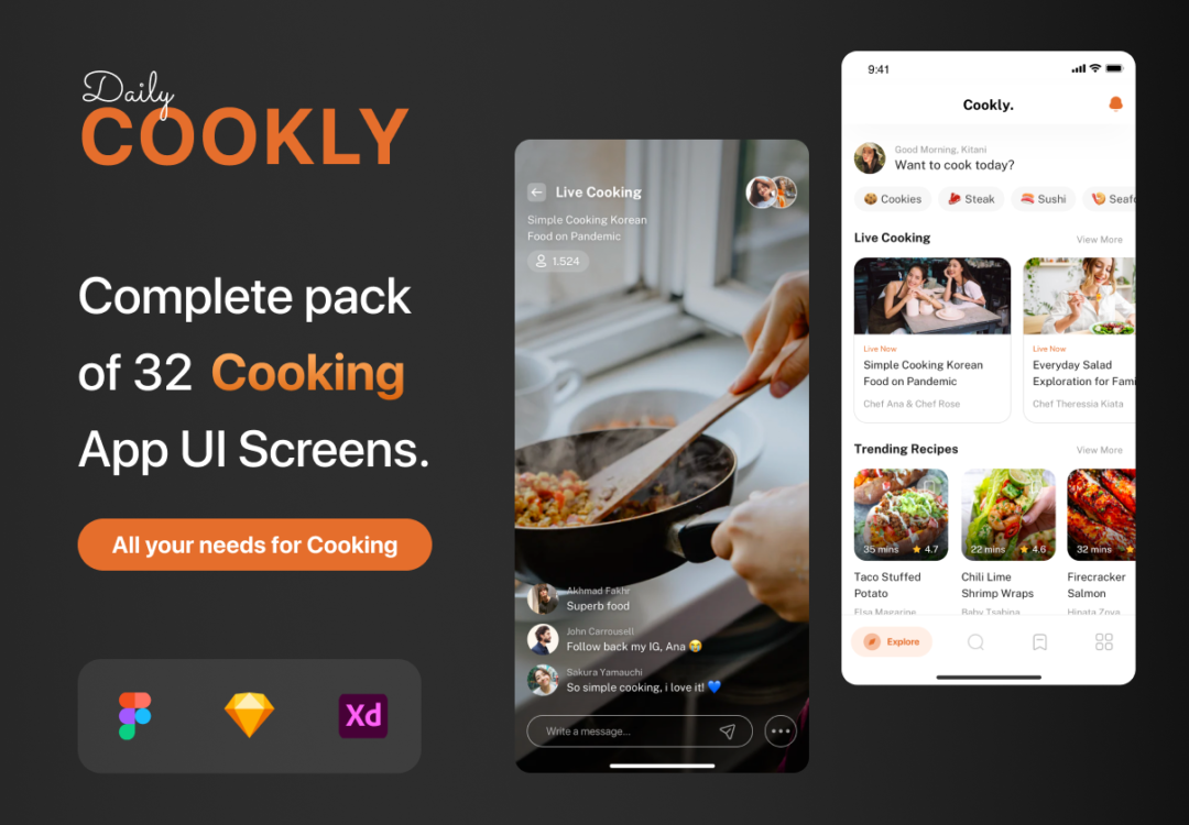 31屏高品质美食食谱烹饪教学课程APP软件界面设计模板套件 Cookly - Cooking Recipes App UI Kit_img_3