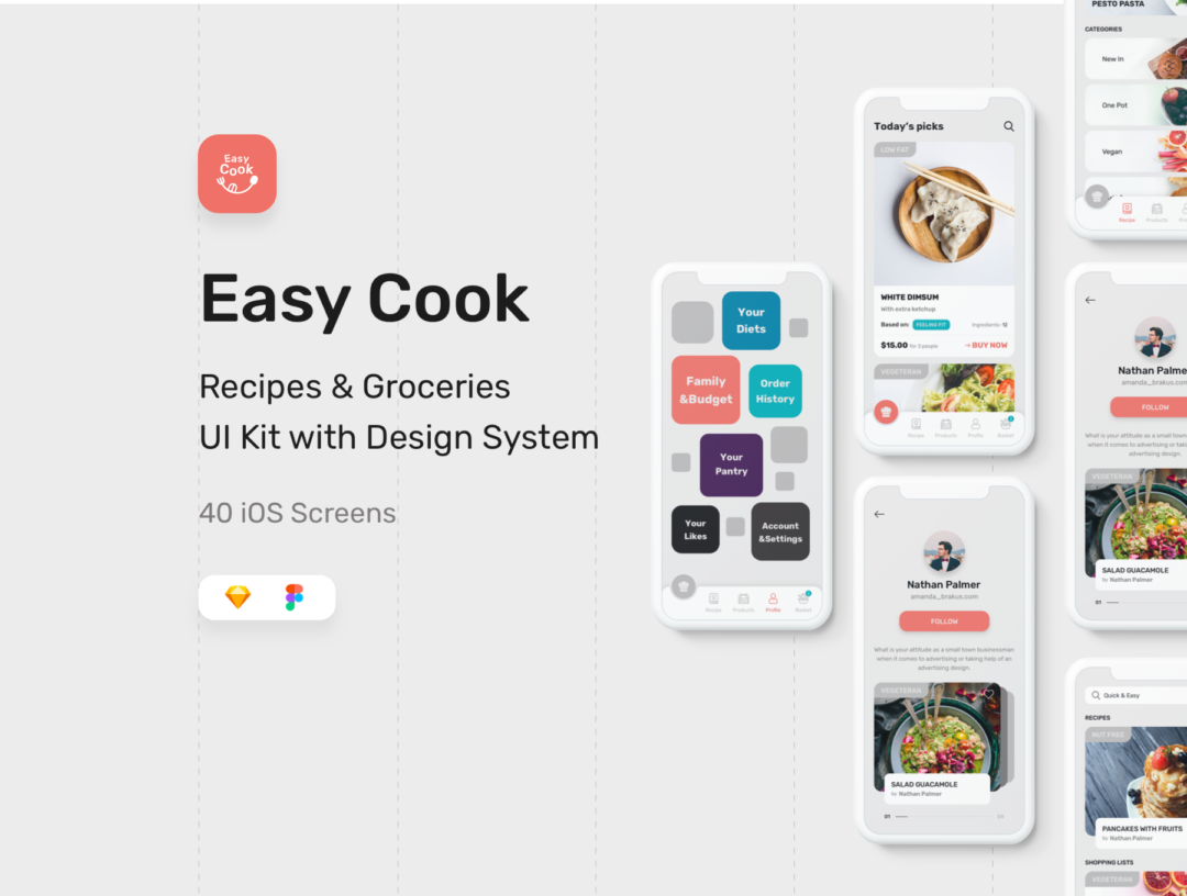 40+屏美食食谱烹饪教学课程APP软件界面设计模板UI套件 EasyCook Recipes & Groceries UI Kit_img_3