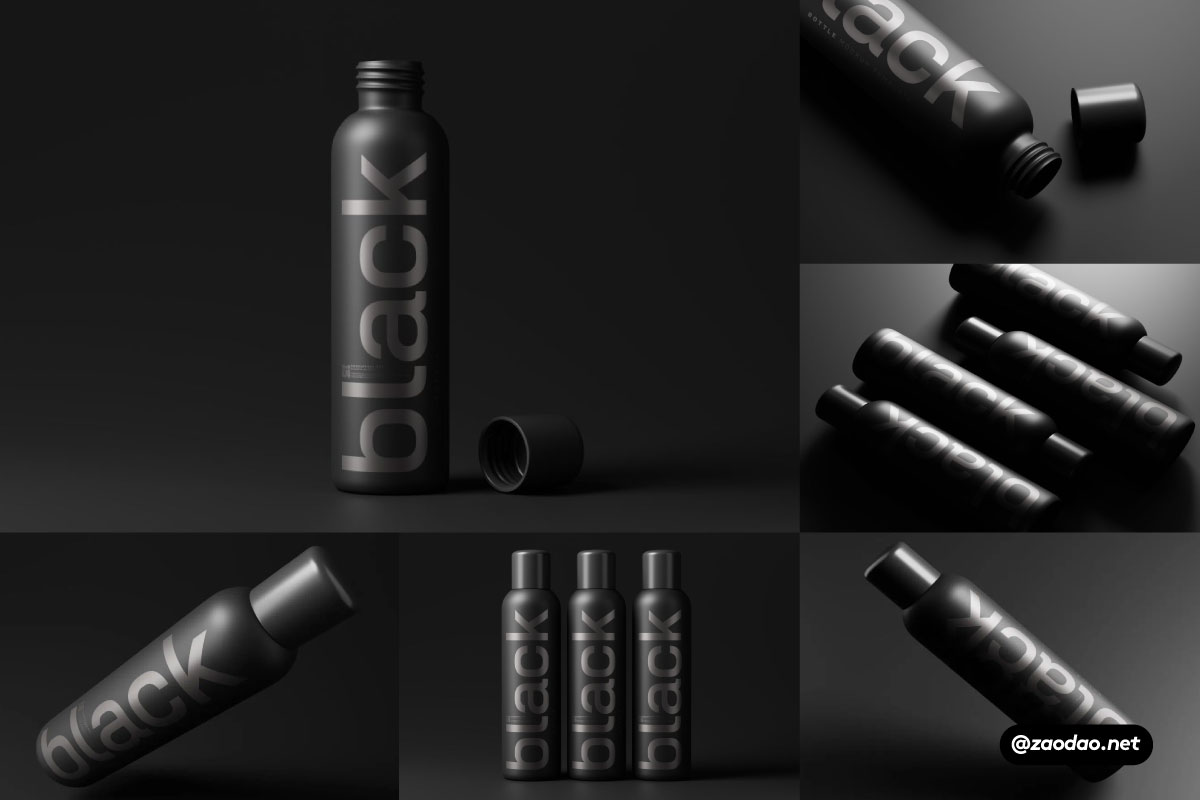 10款暗黑哑光化妆品塑料包装瓶设计展示效果图PSD样机模板 Tall Black Plastic Cosmetic Bottle Mockups_img_2