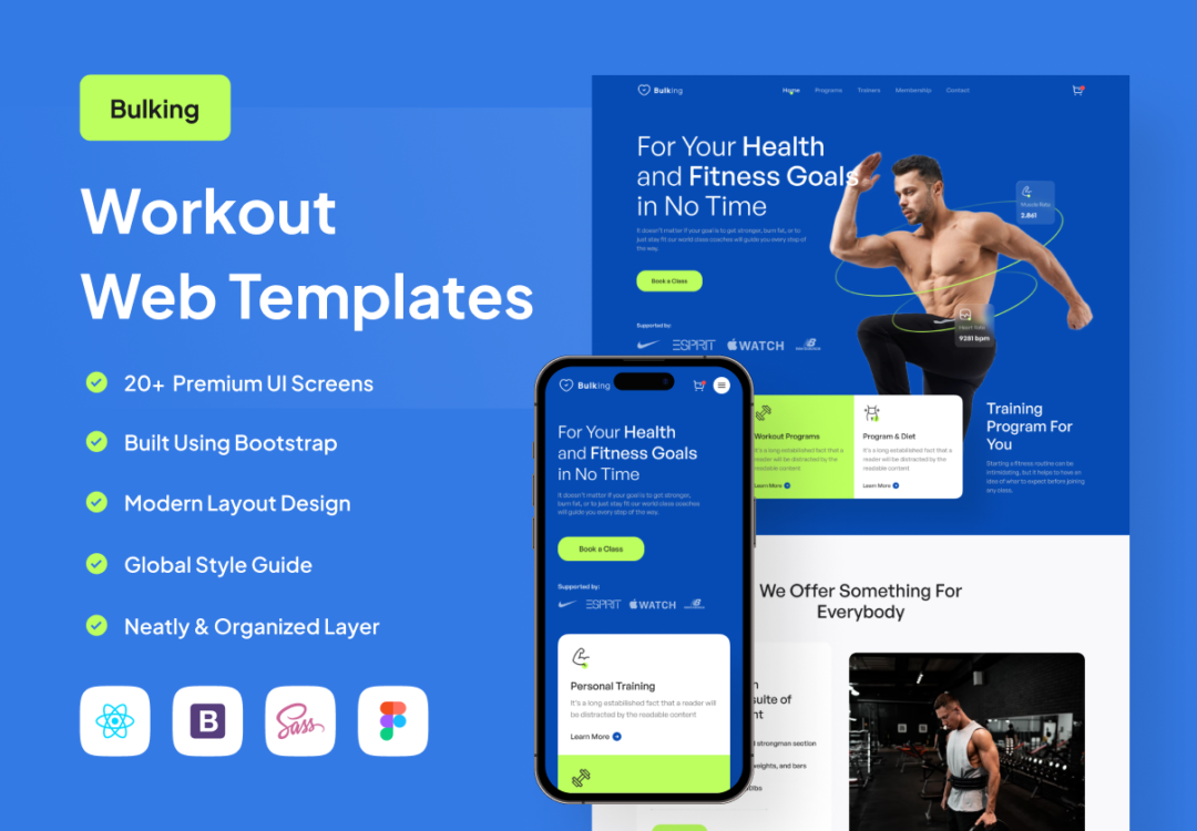 20+屏现代简约锻炼健身网站WEB界面设计Figma模板UI套件+HTML代码 Bulking - Workout Web Templates_img_3