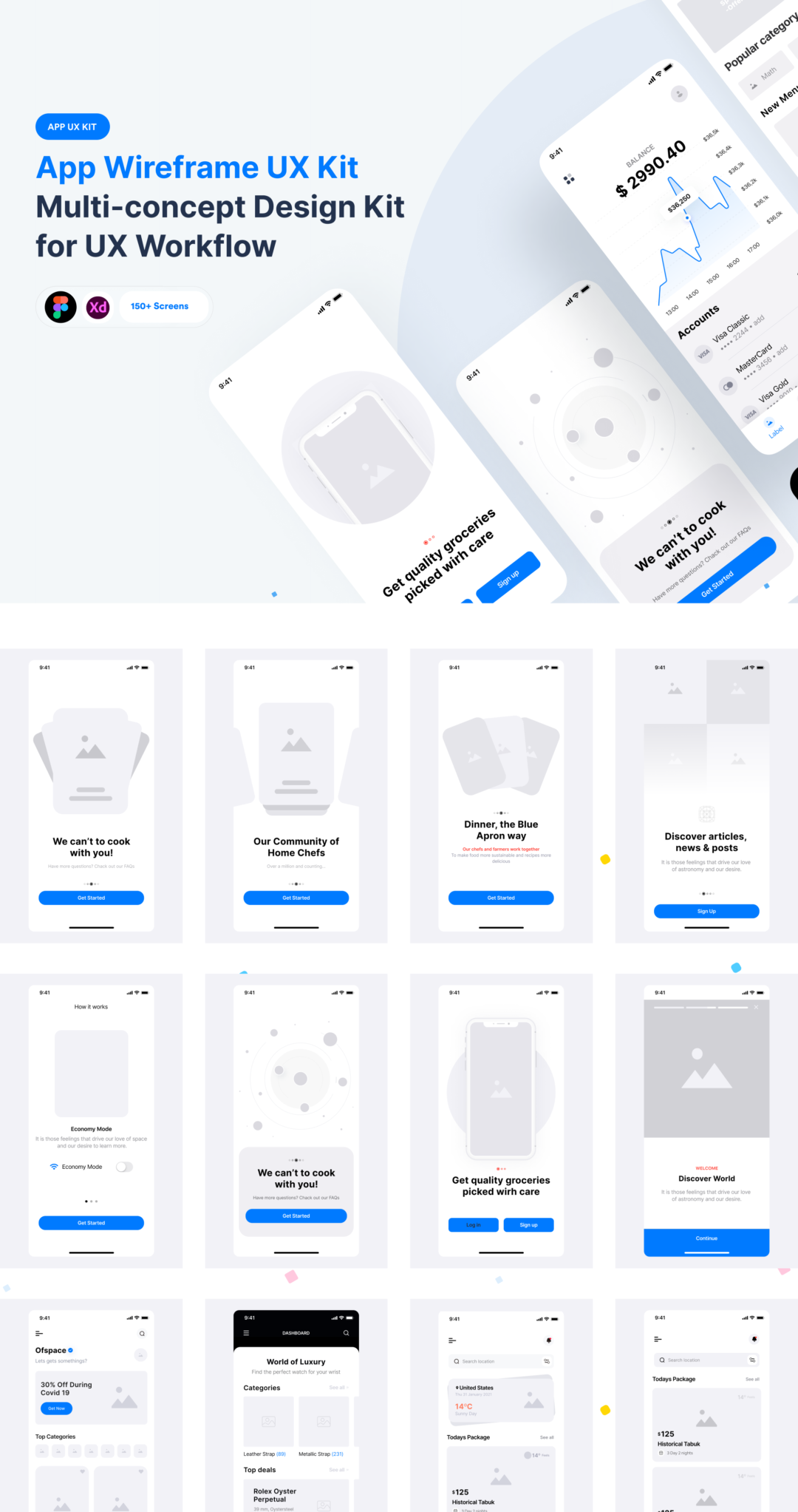 150+屏多用途APP界面设计线框图UX套件素材 Multi-concept App Wireframe UX Kit_img_3