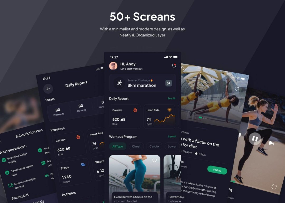 40+屏高级健身锻炼体育运动跑步数据统计APP界面设计Figma模板套件 Fitnesly - Workout Premium UI KIts App_img_3