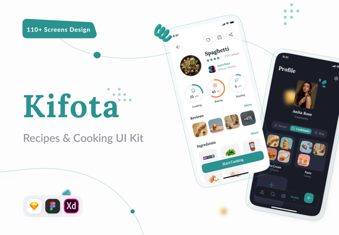 110+屏美食食谱烹饪烘培教学软件APP界面设计模板UI套件 Kifota - Recipes & Cooking UI Kit_img_3