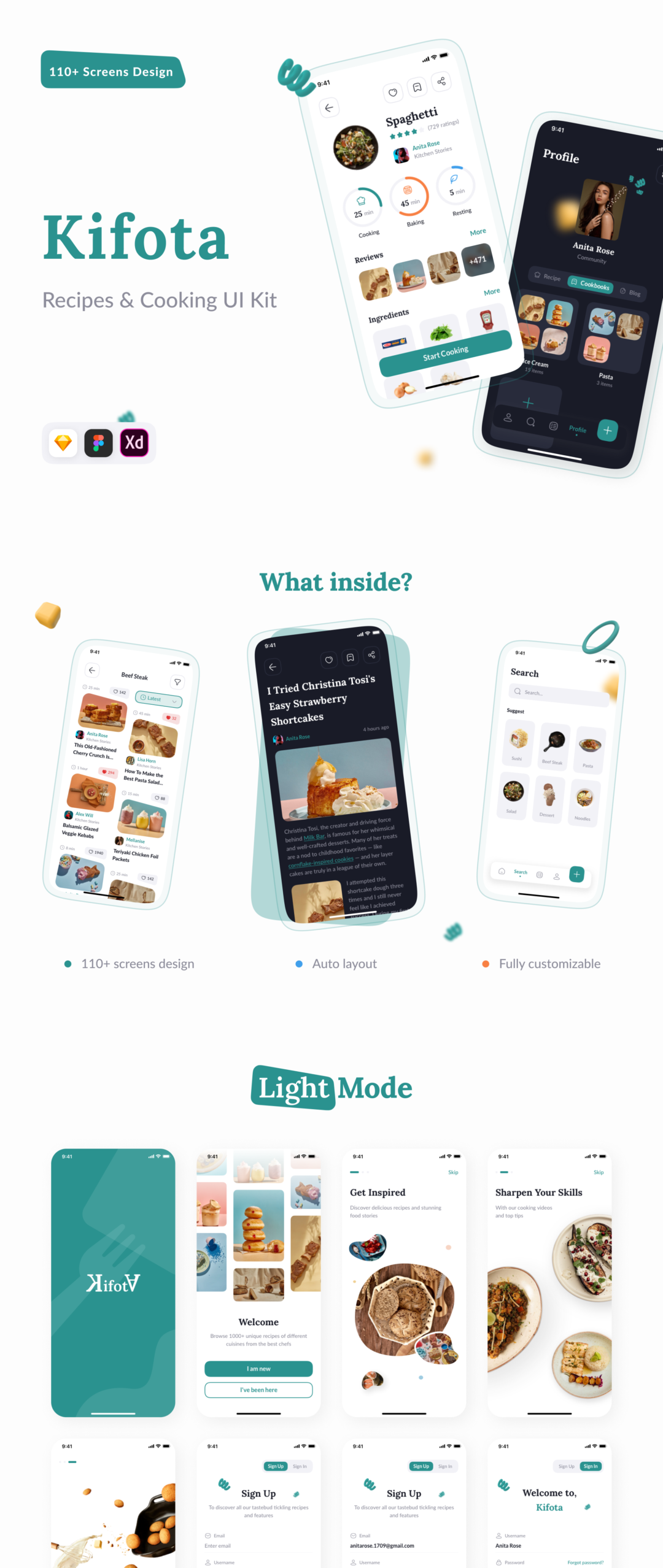 110+屏美食食谱烹饪烘培教学软件APP界面设计模板UI套件 Kifota - Recipes & Cooking UI Kit_img_3