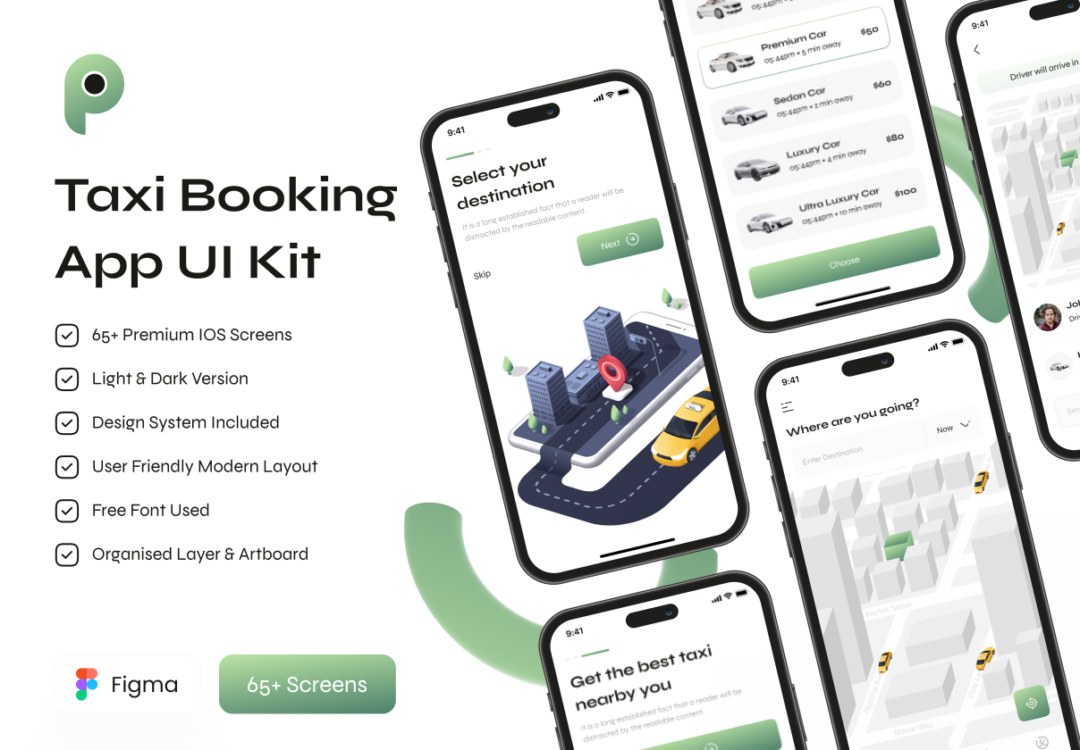 65+屏出租车在线预定打车约车软件APP界面设计Figma模板套件 Taxi Booking App UI Kit_img_3