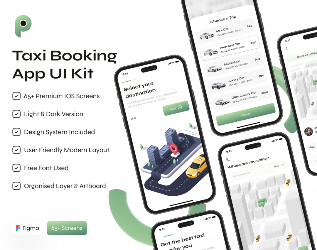 65+屏出租车在线预定打车约车软件APP界面设计Figma模板套件 Taxi Booking App UI Kit_img_3