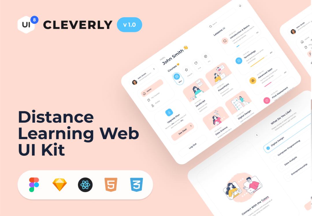 25+屏粉色系在线教育远程学习网站WEB界面设计模板+HTML/ReactJS代码 Cleverly: Distance Learning Web UI Kit_img_3