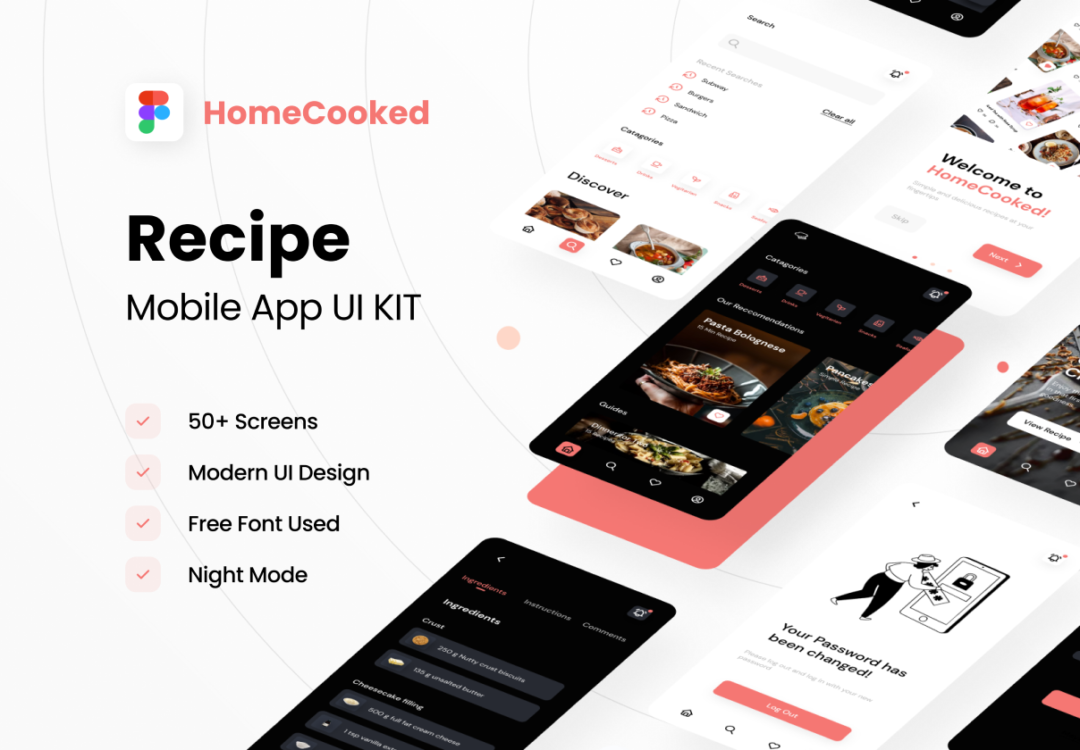 50+屏现代美食食谱烹饪教学视频软件APP界面设计Figma模板套件 HomeCooked Recipe Mobile UI Kit_img_3