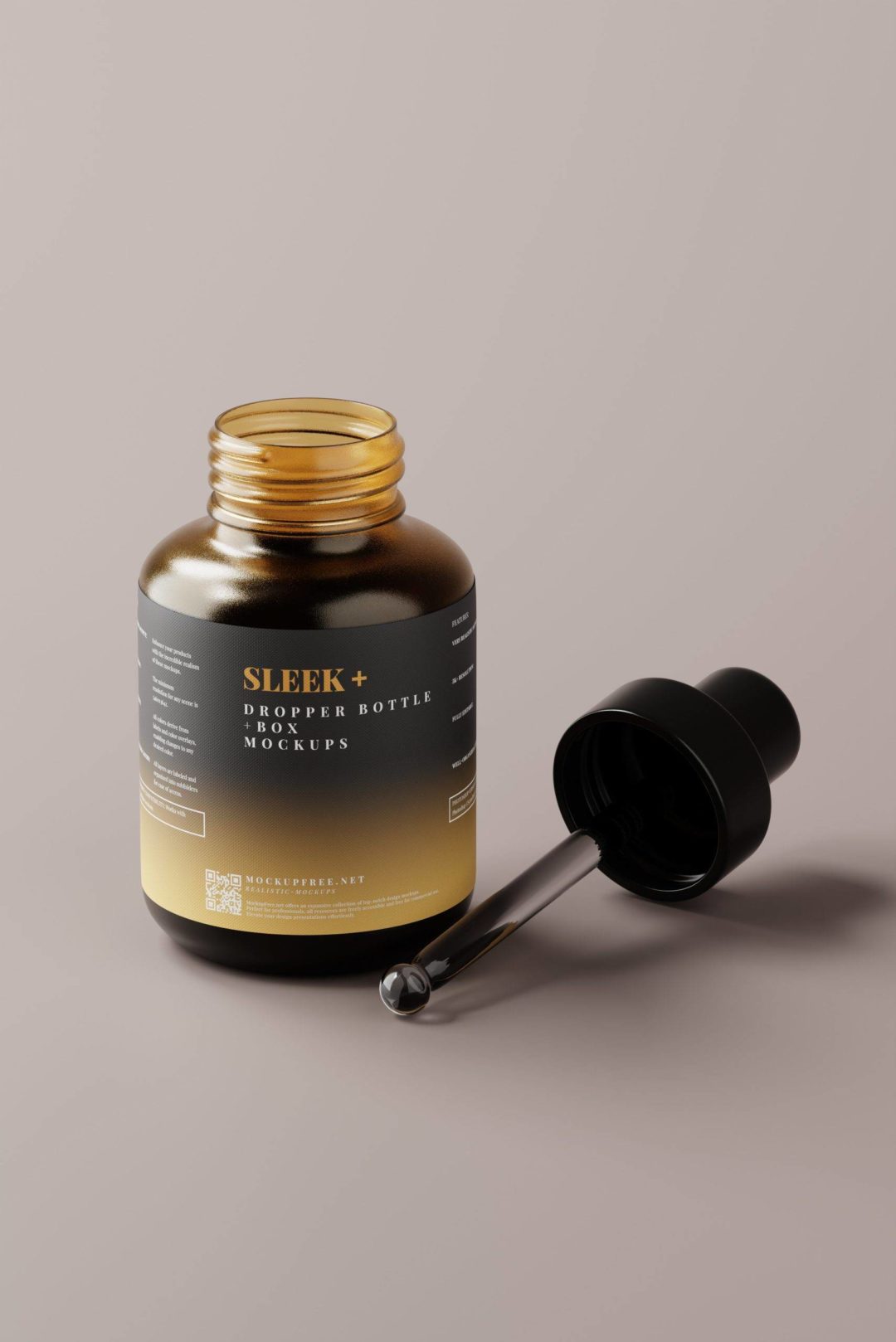 逼真化妆品药物滴管瓶包装盒设计展示效果图PSD样机模板 Sleek Cosmetic Dropper Bottle Packaging with Box Mockups_img_3