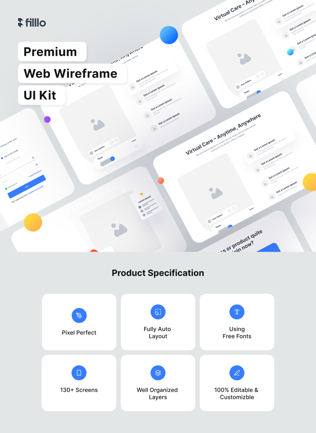 130+屏时尚WEB网站界面设计Figma&XD线框图设计UI套件素材 Filllo Web Wireframe UI Kit_img_3