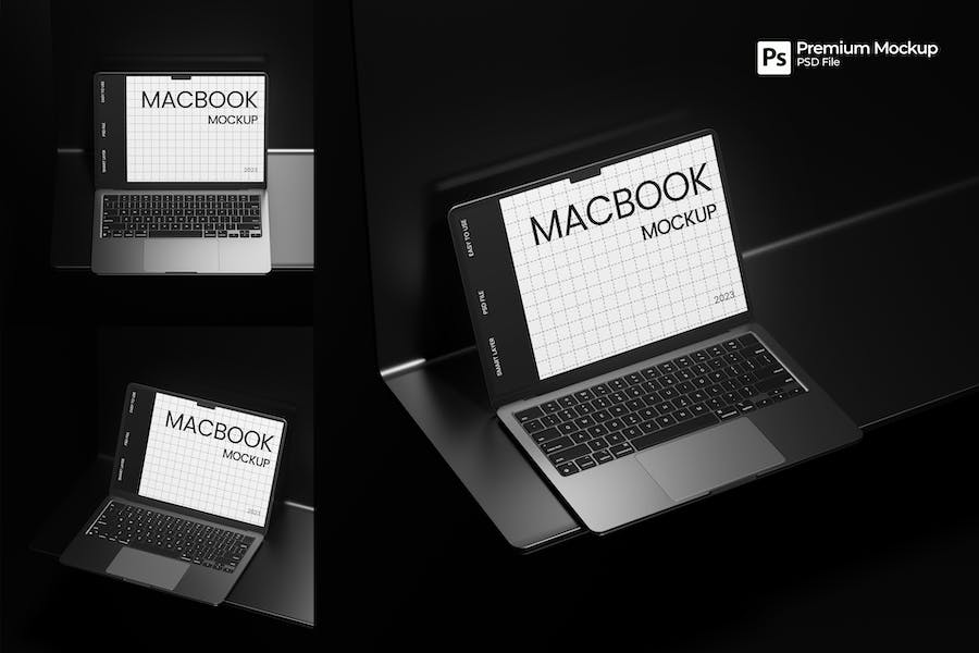 3款暗黑工业风苹果MacBook笔记本电脑屏幕演示贴图PSD样机模板 Laptop Mockup_img_3