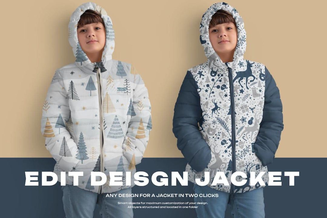 4款时尚儿童夹克棉服羽绒服设计展示贴图效果图PSD样机模板 4 Mockups of a Kids Jacket_img_3