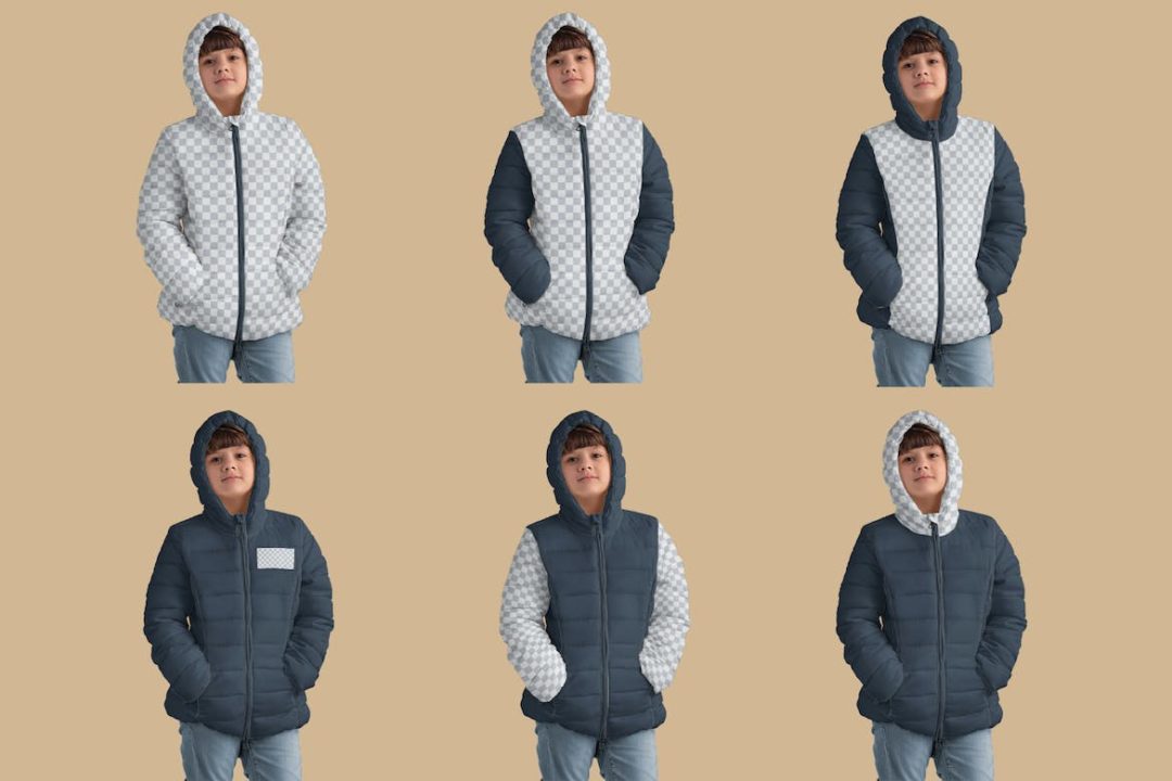 4款时尚儿童夹克棉服羽绒服设计展示贴图效果图PSD样机模板 4 Mockups of a Kids Jacket_img_3