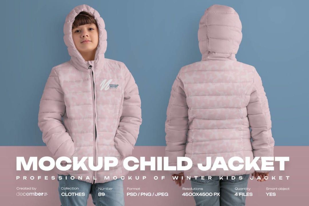 4款时尚儿童夹克棉服羽绒服设计展示贴图效果图PSD样机模板 4 Mockups of a Kids Jacket_img_3