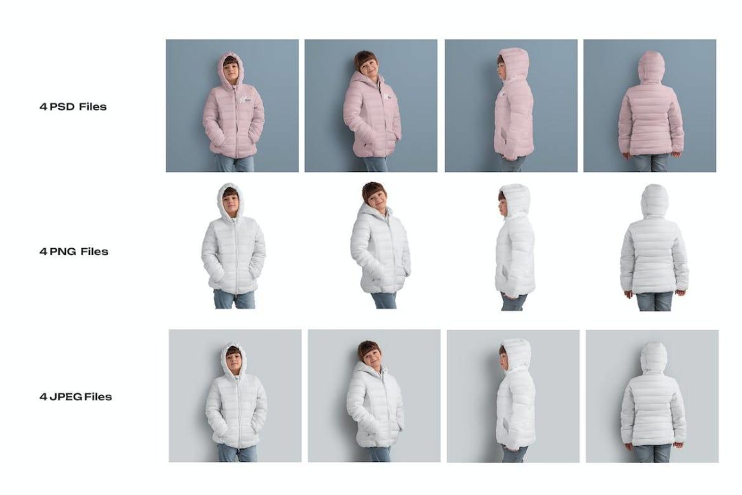 4款时尚儿童夹克棉服羽绒服设计展示贴图效果图PSD样机模板 4 Mockups of a Kids Jacket_img_3