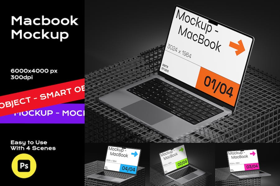 暗黑工业风苹果MacBook笔记本电脑作品集设计演示贴图PSD样机模板 Laptop Mockup_img_3