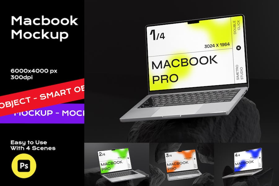 工业风石头背景苹果MacBook笔记本电脑屏幕演示贴图PSD样机模板 Laptop Mockup_img_3