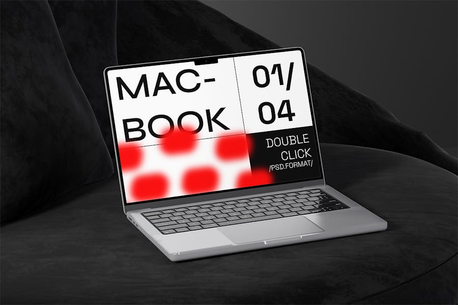 4款工业暗黑风苹果MacBook笔记本电脑屏幕演示贴图PSD样机模板 Laptop Mockup_img_1