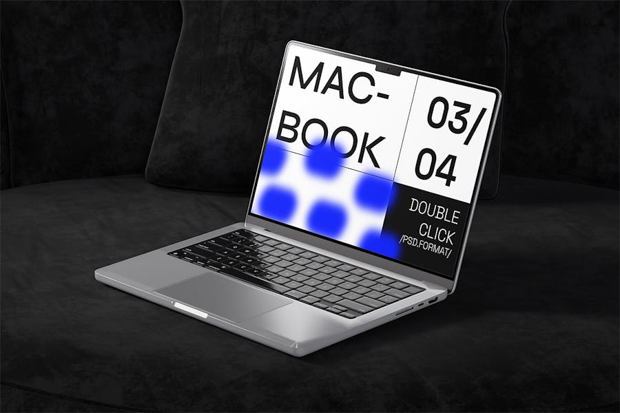 4款工业暗黑风苹果MacBook笔记本电脑屏幕演示贴图PSD样机模板 Laptop Mockup_img_1