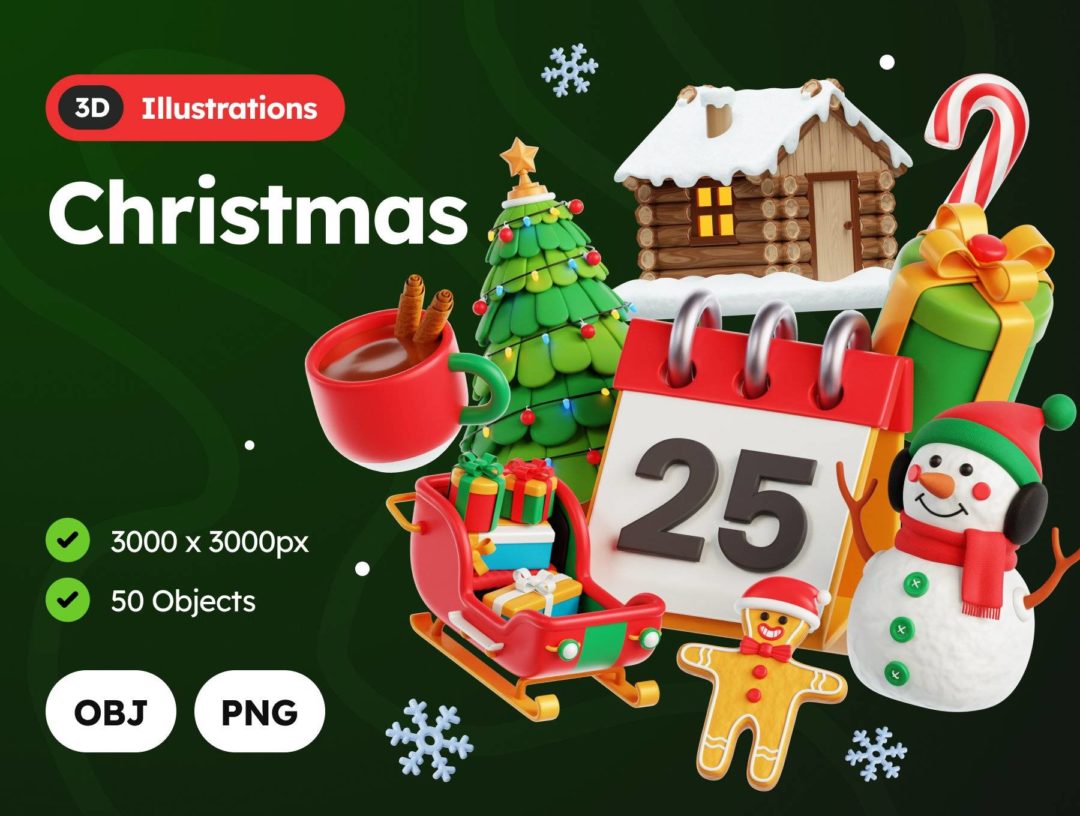 50款高级卡通圣诞节派对礼物圣诞树3D立体图标Icons设计素材 Christmas 3D Illustrations_img_3